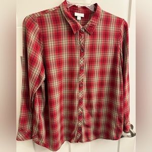 J Jill Long Sleeved Button Down Red Tan Plaid Large Petite
